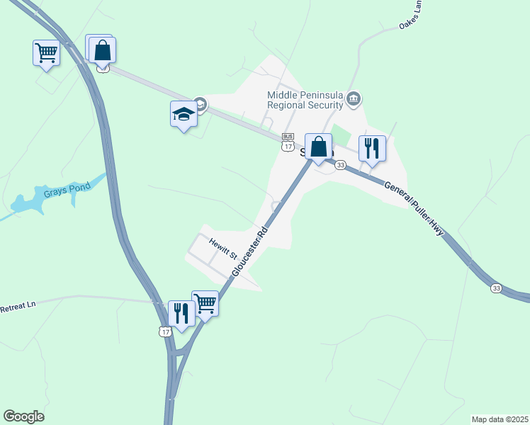 map of restaurants, bars, coffee shops, grocery stores, and more near 697 Gloucester Road in Saluda