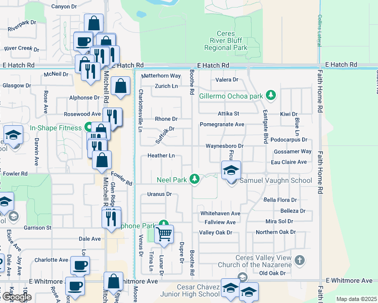 map of restaurants, bars, coffee shops, grocery stores, and more near 1801 Boothe Road in Ceres