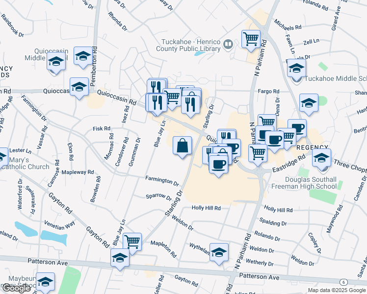 map of restaurants, bars, coffee shops, grocery stores, and more near 1404 Starling Drive in Richmond