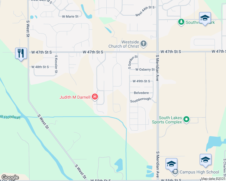 map of restaurants, bars, coffee shops, grocery stores, and more near 3100 West 50th Street South in Wichita