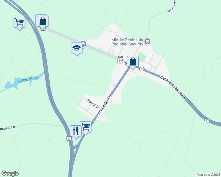 map of restaurants, bars, coffee shops, grocery stores, and more near 697 Gloucester Road in Saluda