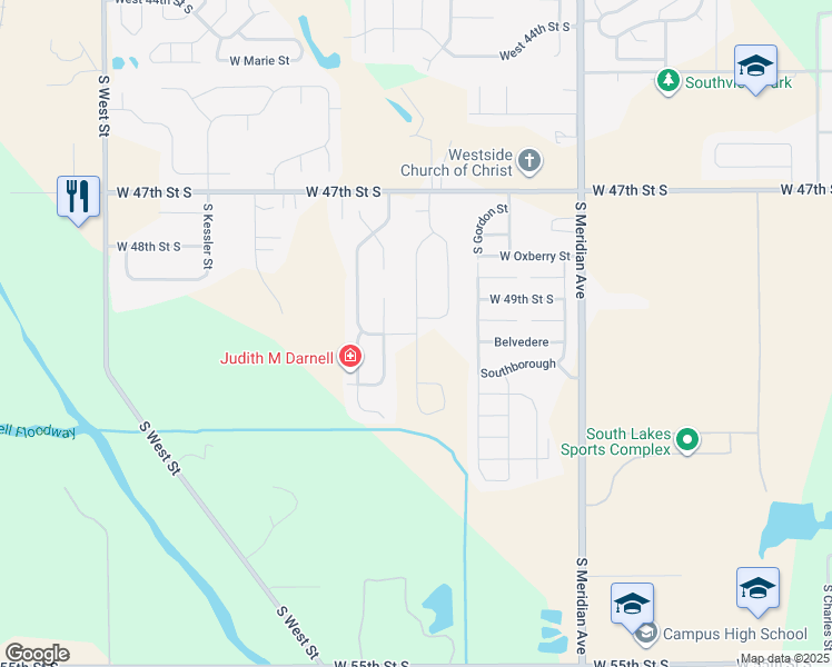 map of restaurants, bars, coffee shops, grocery stores, and more near 3100 West 50th Street South in Wichita