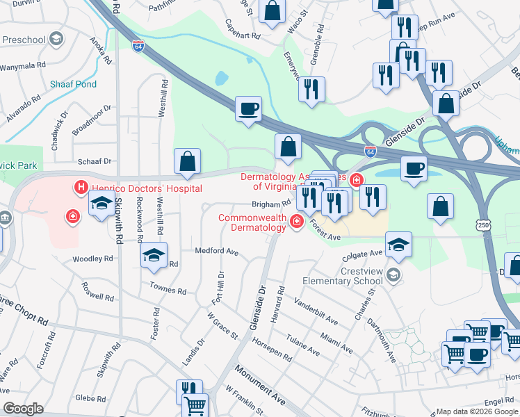 map of restaurants, bars, coffee shops, grocery stores, and more near 7109 Brigham Road in Richmond