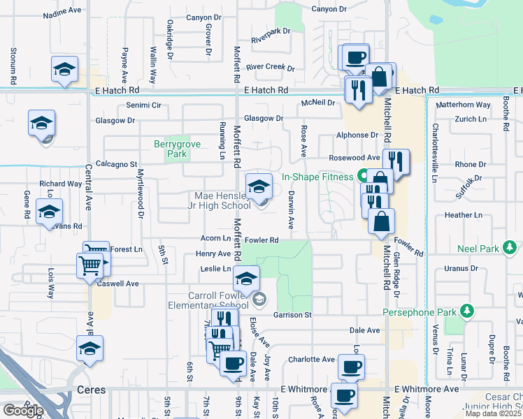 map of restaurants, bars, coffee shops, grocery stores, and more near 1806 Moffett Road in Ceres