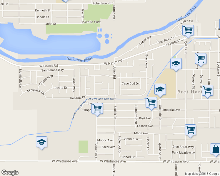map of restaurants, bars, coffee shops, grocery stores, and more near 1509 Tudor Ct in Modesto