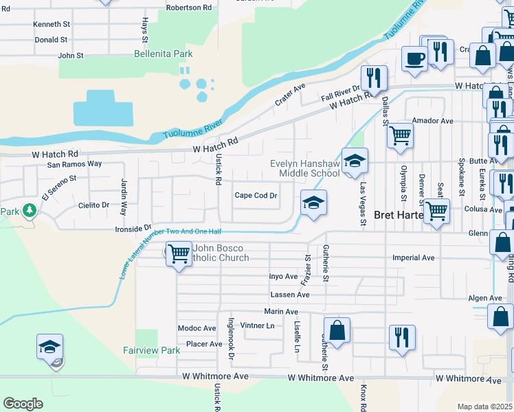map of restaurants, bars, coffee shops, grocery stores, and more near 1305 Ipswich Avenue in Modesto
