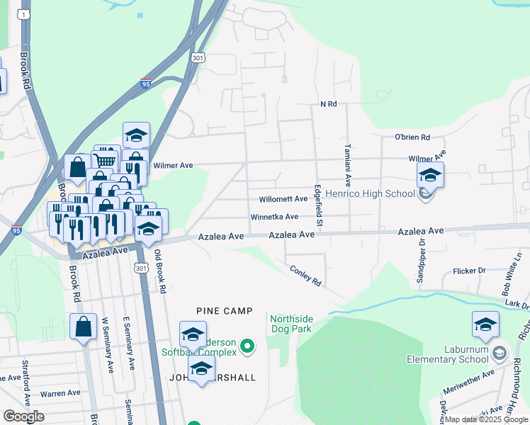 map of restaurants, bars, coffee shops, grocery stores, and more near 624 Winnetka Avenue in Richmond