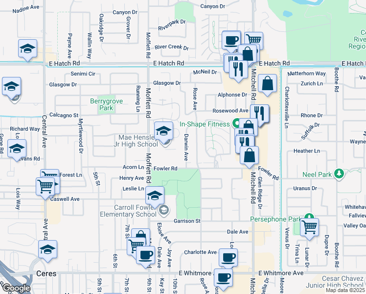 map of restaurants, bars, coffee shops, grocery stores, and more near 1801 Darwin Avenue in Ceres