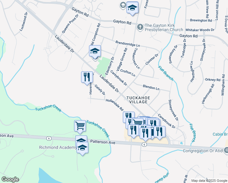 map of restaurants, bars, coffee shops, grocery stores, and more near 1704 Lauderdale Drive in Richmond