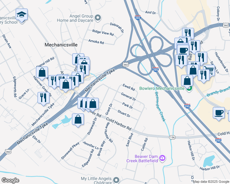 map of restaurants, bars, coffee shops, grocery stores, and more near 7439 General Drive in Mechanicsville