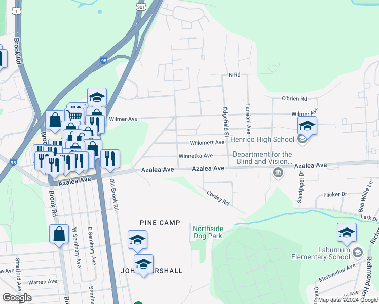 map of restaurants, bars, coffee shops, grocery stores, and more near 624 Winnetka Avenue in Richmond