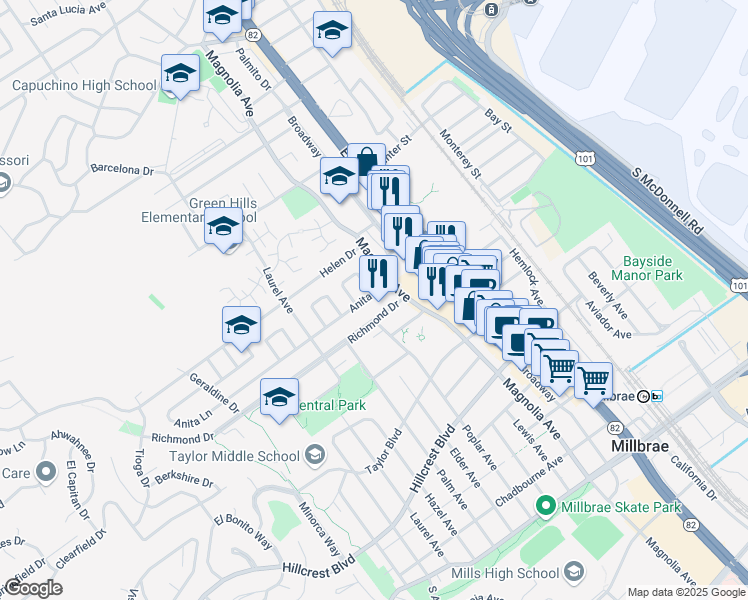 map of restaurants, bars, coffee shops, grocery stores, and more near 223 Anita Drive in Millbrae