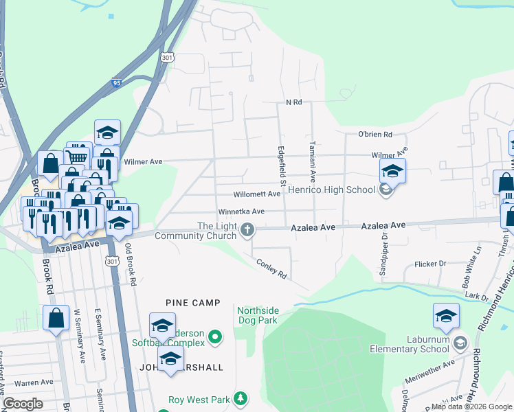 map of restaurants, bars, coffee shops, grocery stores, and more near 608 Winnetka Avenue in Richmond
