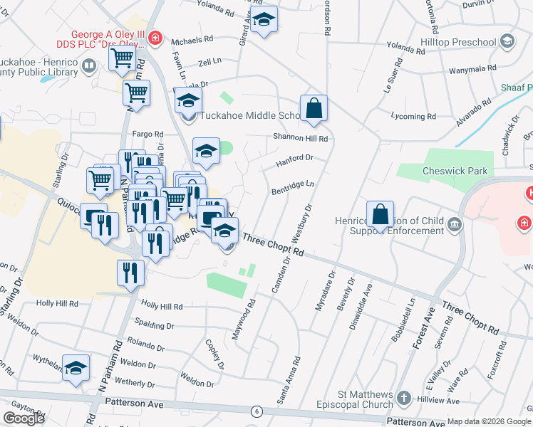 map of restaurants, bars, coffee shops, grocery stores, and more near 1511 Bexhill Road in Richmond