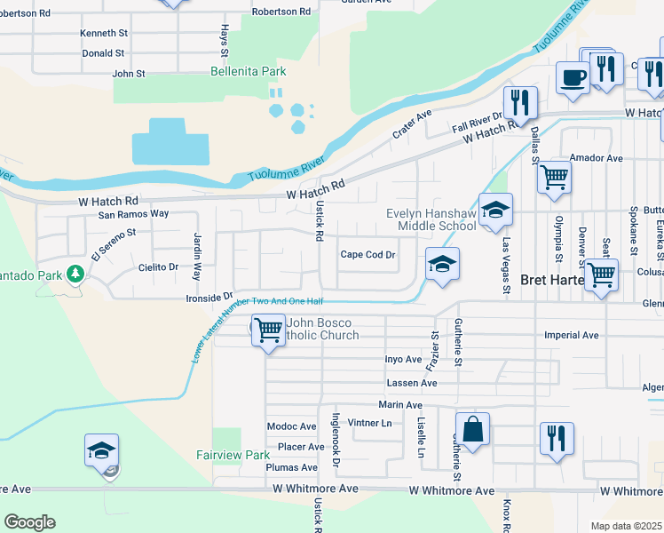 map of restaurants, bars, coffee shops, grocery stores, and more near 1813 Walpole Drive in Modesto