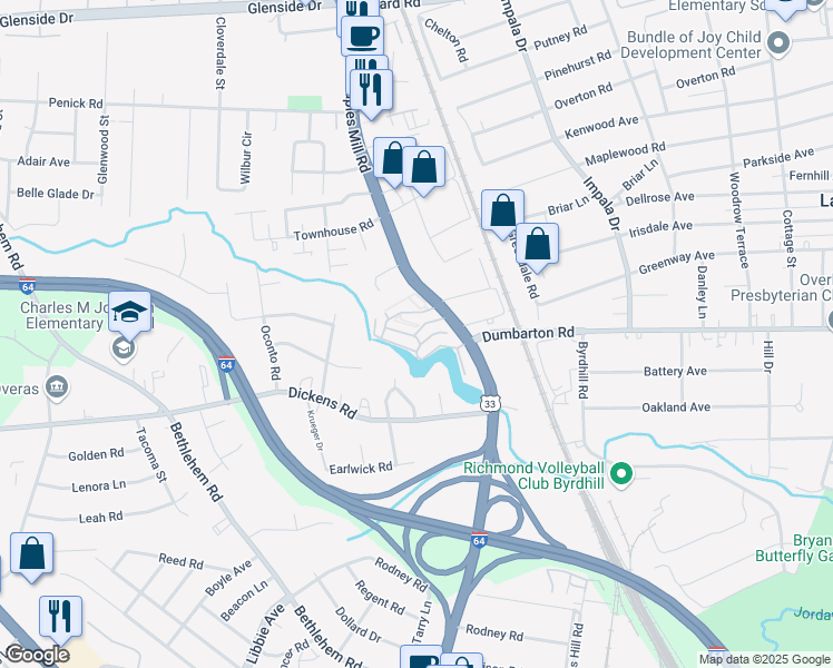 map of restaurants, bars, coffee shops, grocery stores, and more near 35 Rock Garden Lane in Henrico