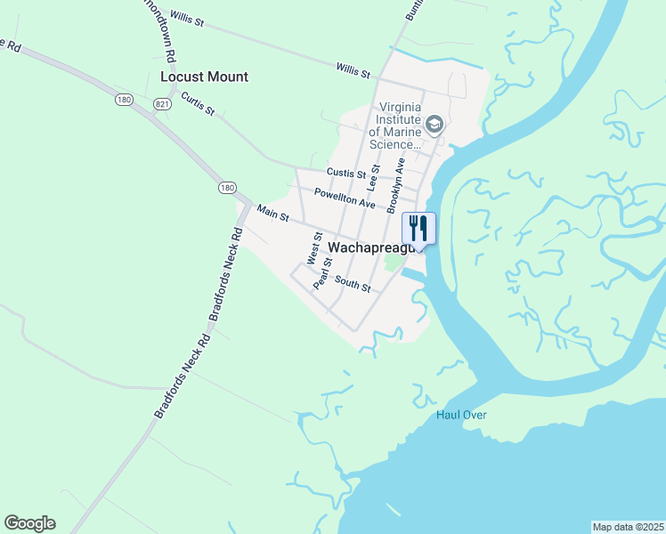 map of restaurants, bars, coffee shops, grocery stores, and more near 14 Pearl Street in Wachapreague