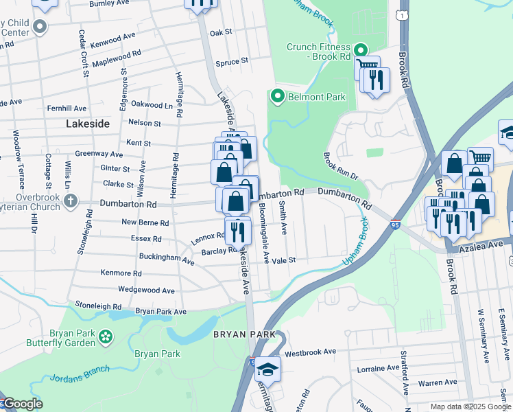 map of restaurants, bars, coffee shops, grocery stores, and more near 5412 Bloomingdale Avenue in Richmond