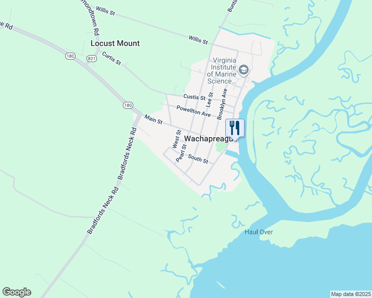 map of restaurants, bars, coffee shops, grocery stores, and more near 14 Pearl Street in Wachapreague