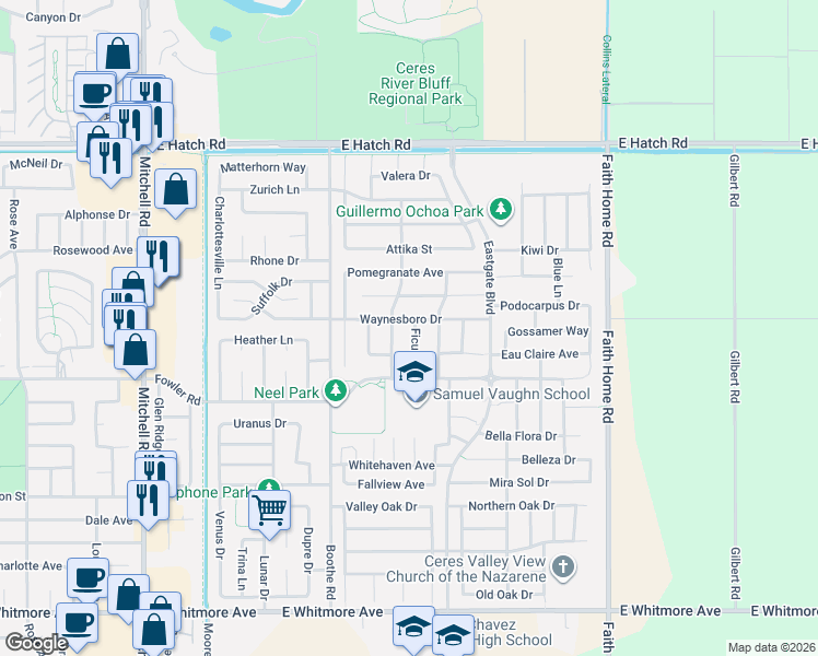 map of restaurants, bars, coffee shops, grocery stores, and more near 3654 Waynesboro Drive in Ceres