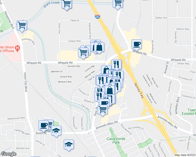 map of restaurants, bars, coffee shops, grocery stores, and more near 3004 Flint Street in Union City