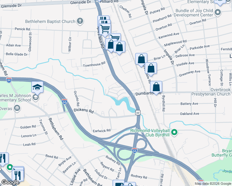 map of restaurants, bars, coffee shops, grocery stores, and more near 10 Stillwater Lane in Henrico
