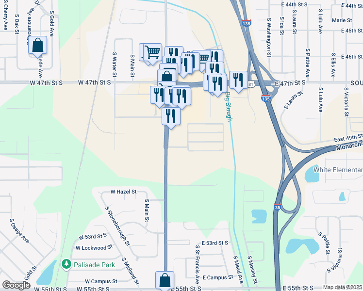 map of restaurants, bars, coffee shops, grocery stores, and more near 500 East 50th Street South in Wichita