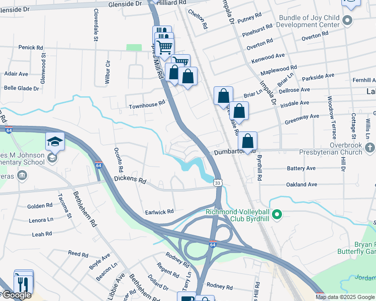 map of restaurants, bars, coffee shops, grocery stores, and more near 20 Waterfall Road in Richmond