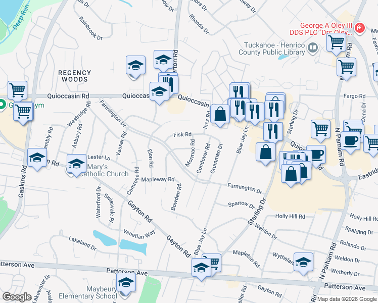 map of restaurants, bars, coffee shops, grocery stores, and more near 9215 Skylark Drive in Richmond