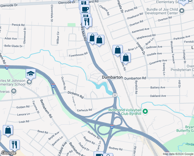 map of restaurants, bars, coffee shops, grocery stores, and more near 27 Rock Garden Lane in Richmond