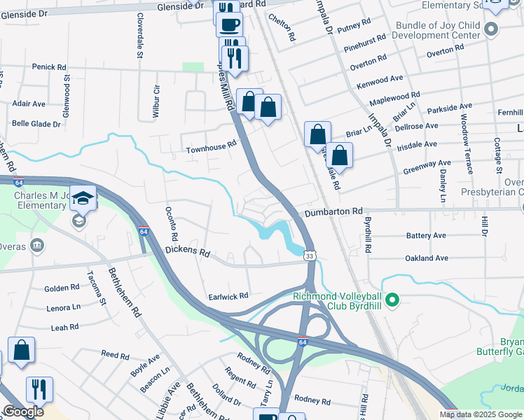 map of restaurants, bars, coffee shops, grocery stores, and more near 20 Waterfall Road in Richmond