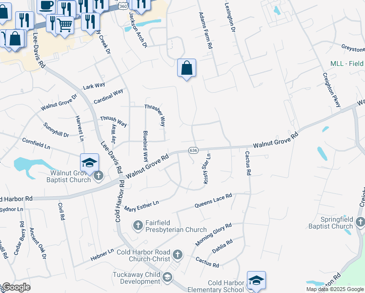 map of restaurants, bars, coffee shops, grocery stores, and more near 6353 War Horse Lane in Mechanicsville