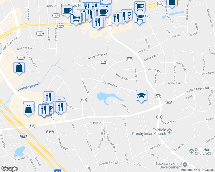 map of restaurants, bars, coffee shops, grocery stores, and more near 7047 Cornfield Lane in Mechanicsville
