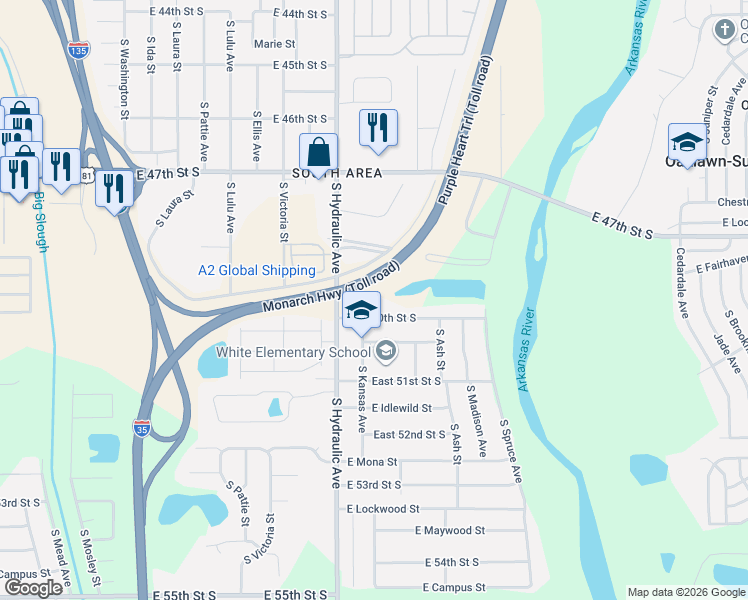 map of restaurants, bars, coffee shops, grocery stores, and more near 5000 South Kansas Street in Wichita
