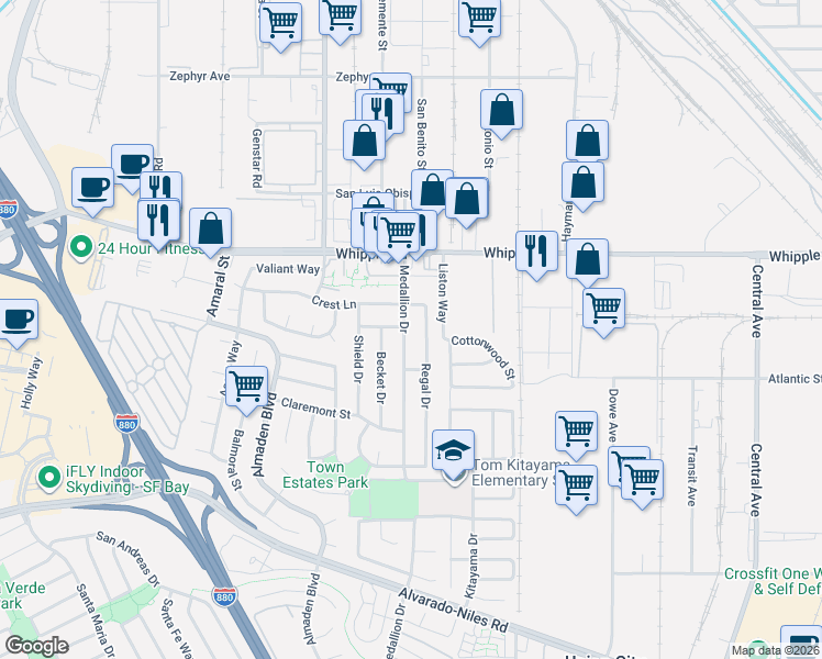 map of restaurants, bars, coffee shops, grocery stores, and more near 2485 Medallion Drive in Union City