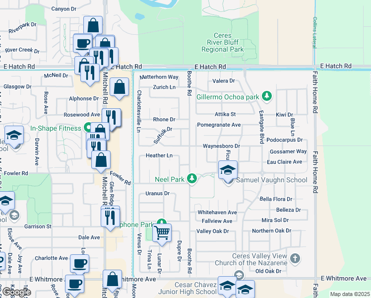 map of restaurants, bars, coffee shops, grocery stores, and more near 1801 Boothe Road in Ceres
