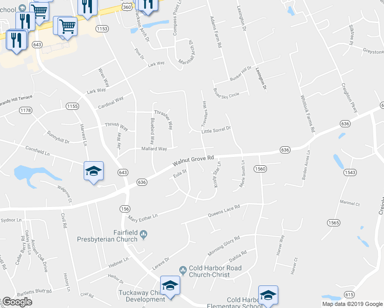 map of restaurants, bars, coffee shops, grocery stores, and more near 6353 War Horse Lane in Mechanicsville