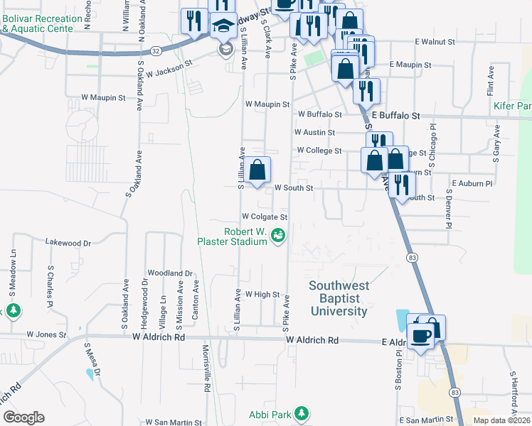 map of restaurants, bars, coffee shops, grocery stores, and more near 319 West Colgate Street in Bolivar