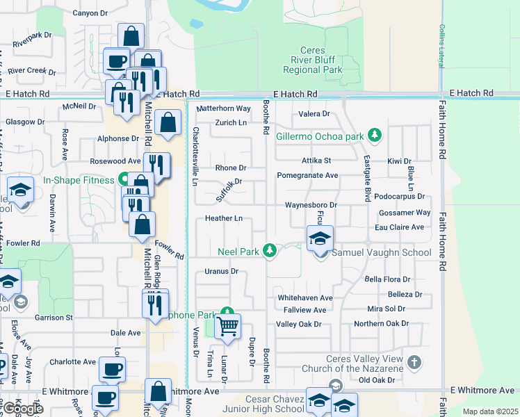 map of restaurants, bars, coffee shops, grocery stores, and more near 1801 Boothe Road in Ceres