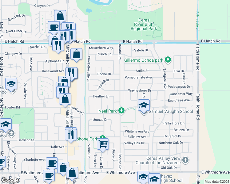 map of restaurants, bars, coffee shops, grocery stores, and more near 1801 Boothe Road in Ceres