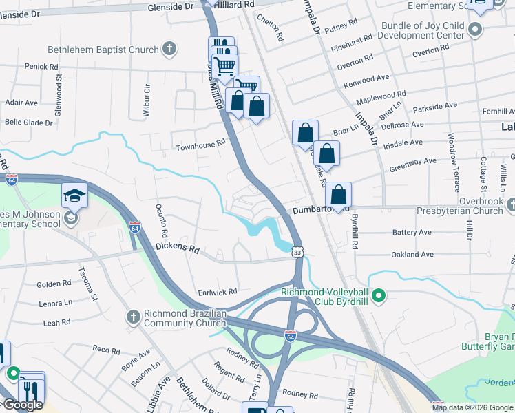 map of restaurants, bars, coffee shops, grocery stores, and more near 11 Waterfall Road in Henrico