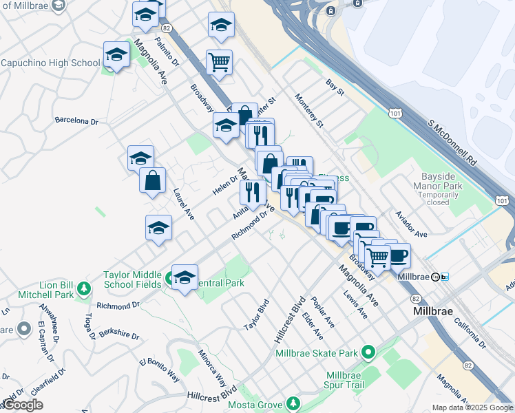 map of restaurants, bars, coffee shops, grocery stores, and more near 211 Anita Drive in Millbrae