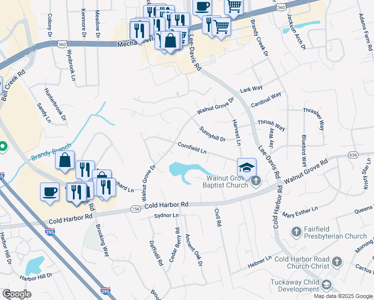 map of restaurants, bars, coffee shops, grocery stores, and more near 7047 Cornfield Lane in Mechanicsville