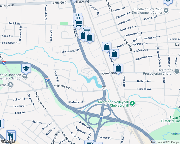 map of restaurants, bars, coffee shops, grocery stores, and more near 27 Rock Garden Lane in Richmond