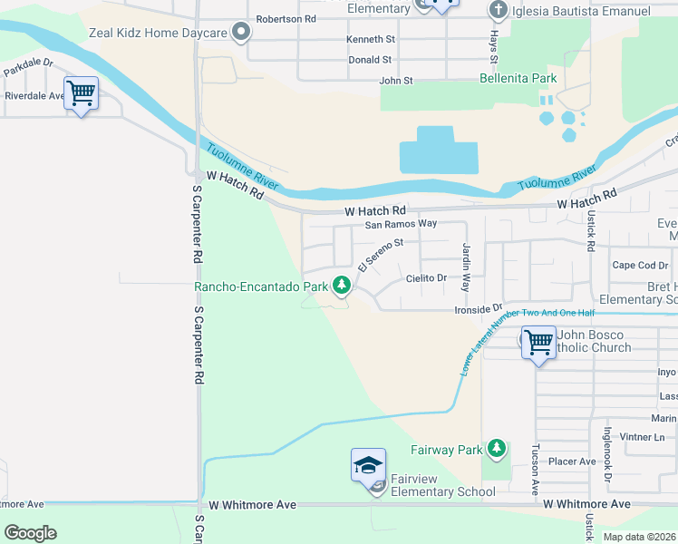 map of restaurants, bars, coffee shops, grocery stores, and more near 1968 El Sereno Street in Modesto