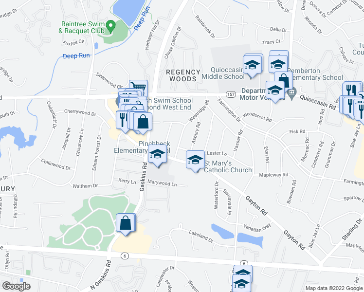 map of restaurants, bars, coffee shops, grocery stores, and more near 1301 Westridge Road in Henrico