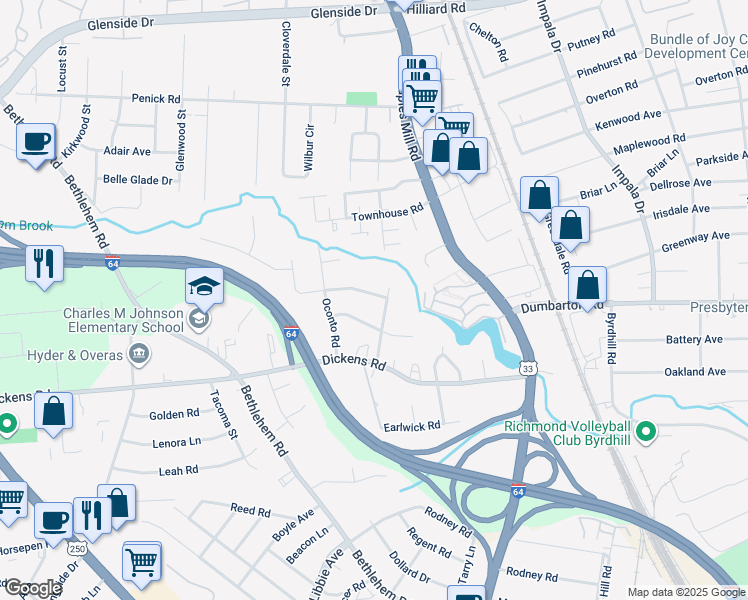 map of restaurants, bars, coffee shops, grocery stores, and more near 5403 Forest Brook Drive in Richmond