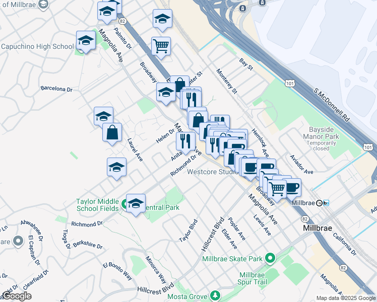 map of restaurants, bars, coffee shops, grocery stores, and more near 211 Anita Drive in Millbrae
