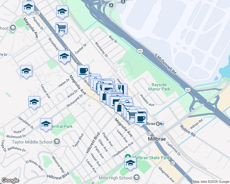 map of restaurants, bars, coffee shops, grocery stores, and more near 30 Hermosa Avenue in Millbrae