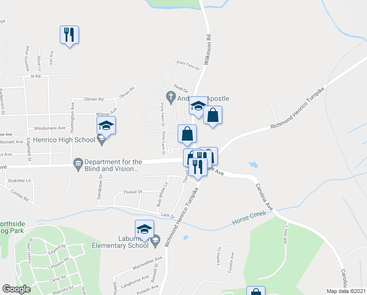 map of restaurants, bars, coffee shops, grocery stores, and more near 200 Knightsmanor Court in Richmond